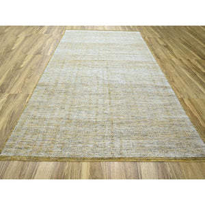 8'10"x12'3" Powder White with Golden Yellow, Hand Knotted, Oxidized and Distressed Grass Design with Exposed Warps, Pure Wool, Oriental Rug FWR457764