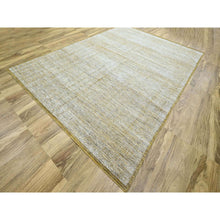 Load image into Gallery viewer, 8&#39;10&quot;x12&#39;3&quot; Powder White with Golden Yellow, Hand Knotted, Oxidized and Distressed Grass Design with Exposed Warps, Pure Wool, Oriental Rug FWR457764