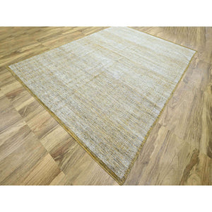8'10"x12'3" Powder White with Golden Yellow, Hand Knotted, Oxidized and Distressed Grass Design with Exposed Warps, Pure Wool, Oriental Rug FWR457764