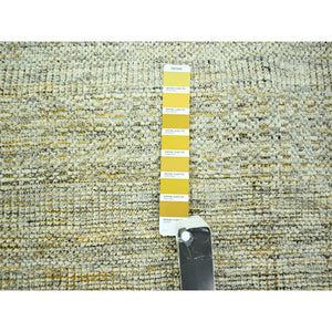 8'10"x12'3" Powder White with Golden Yellow, Hand Knotted, Oxidized and Distressed Grass Design with Exposed Warps, Pure Wool, Oriental Rug FWR457764
