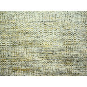 8'10"x12'3" Powder White with Golden Yellow, Hand Knotted, Oxidized and Distressed Grass Design with Exposed Warps, Pure Wool, Oriental Rug FWR457764