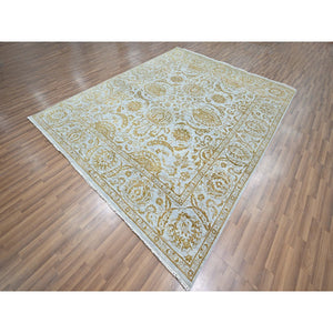 8'x10' Beau Blue with Golden Brown, Persian Influence Design, Tone on Tone, Wool & Silk, Hand Knotted, Oriental Rug FWR457848