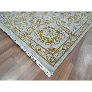 8'x10' Beau Blue with Golden Brown, Persian Influence Design, Tone on Tone, Wool & Silk, Hand Knotted, Oriental Rug FWR457848