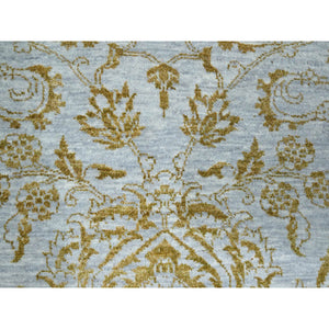 8'x10' Beau Blue with Golden Brown, Persian Influence Design, Tone on Tone, Wool & Silk, Hand Knotted, Oriental Rug FWR457848