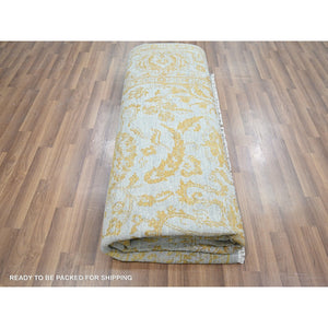 8'x10' Beau Blue with Golden Brown, Persian Influence Design, Tone on Tone, Wool & Silk, Hand Knotted, Oriental Rug FWR457848