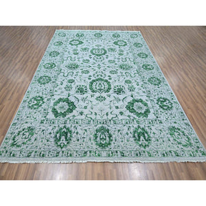 8'x10'1" Snow White with Forest Green, Persian Tabriz Influence Design, 100% Wool, Tone on Tone, Hand Knotted, Oriental Rug FWR457860