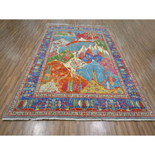 Load image into Gallery viewer, 8&#39;x10&#39; Aqua Blue, Pictorial with Colorful Mountain and Tree Scenery Design, Hand Knotted, 100% Wool, Agra, Oriental Rug FWR457878