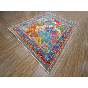 8'x10' Aqua Blue, Pictorial with Colorful Mountain and Tree Scenery Design, Hand Knotted, 100% Wool, Agra, Oriental Rug FWR457878