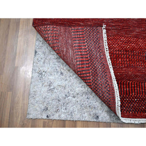 2'6"x11'10" Ruby Red, Modern Grass Design, Hand Knotted, Denser Weave, Tone on Tone, Wool and Silk, Lush and Plush, Runner, Oriental Rug FWR457902