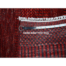 Load image into Gallery viewer, 2&#39;6&quot;x11&#39;10&quot; Ruby Red, Modern Grass Design, Hand Knotted, Denser Weave, Tone on Tone, Wool and Silk, Lush and Plush, Runner, Oriental Rug FWR457902