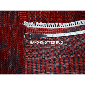 2'6"x11'10" Ruby Red, Modern Grass Design, Hand Knotted, Denser Weave, Tone on Tone, Wool and Silk, Lush and Plush, Runner, Oriental Rug FWR457902