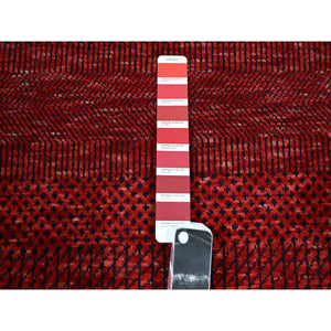 2'5"x14' Chili Red, Modern Grass Design, Hand Knotted, Denser Weave, Tone on Tone, Wool and Silk, Lush and Plush, Runner, Oriental Rug FWR457908
