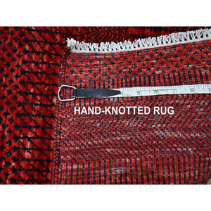 2'5"x14' Chili Red, Modern Grass Design, Hand Knotted, Denser Weave, Tone on Tone, Wool and Silk, Lush and Plush, Runner, Oriental Rug FWR457908