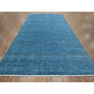 10'x14'2" Vivid Blue, Modern Grass Design, Hand Knotted, Borderless, Denser Weave, Tone on Tone, Wool and Silk, Lush and Plush, Oriental Rug FWR457950