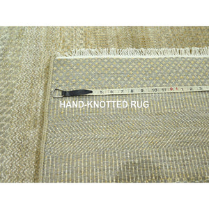 10'x14' Khaki Brown, Modern Grass Design, Hand Knotted, Borderless, Denser Weave, Lush and Plush, Tone on Tone, Wool and Silk, Oriental Rug FWR457992