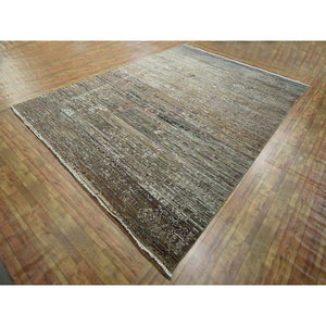 8'10"x12' Chipmunk Brown, Erased and Broken Line Design, Wool & Silk, Hand Knotted, Hi and Low, Oriental Rug FWR458022