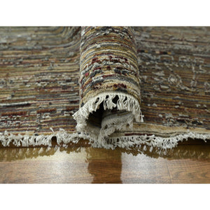 8'10"x12' Chipmunk Brown, Erased and Broken Line Design, Wool & Silk, Hand Knotted, Hi and Low, Oriental Rug FWR458022