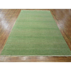 8'1"x10'3" Peppermint Green, Modern Grass Design, Hand Knotted, Denser Weave, Tone on Tone, Borderless, Wool and Silk, Lush and Plush, Oriental Rug FWR458058