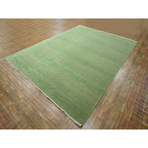 8'1"x10'3" Peppermint Green, Modern Grass Design, Hand Knotted, Denser Weave, Tone on Tone, Borderless, Wool and Silk, Lush and Plush, Oriental Rug FWR458058