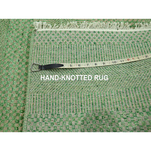 8'1"x10'3" Peppermint Green, Modern Grass Design, Hand Knotted, Denser Weave, Tone on Tone, Borderless, Wool and Silk, Lush and Plush, Oriental Rug FWR458058