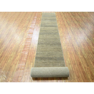 2'6"x20'4" Ecru Brown, Modern Grass Design, Hand Knotted, Wool and Silk, Denser Weave, Tone on Tone, Lush and Plush, Borderless, XL Runner, Oriental Rug FWR458088