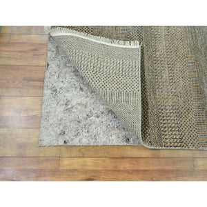 2'6"x20'4" Ecru Brown, Modern Grass Design, Hand Knotted, Wool and Silk, Denser Weave, Tone on Tone, Lush and Plush, Borderless, XL Runner, Oriental Rug FWR458088