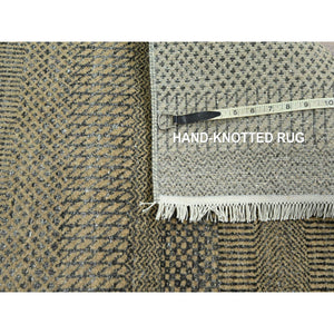 2'6"x20'4" Ecru Brown, Modern Grass Design, Hand Knotted, Wool and Silk, Denser Weave, Tone on Tone, Lush and Plush, Borderless, XL Runner, Oriental Rug FWR458088
