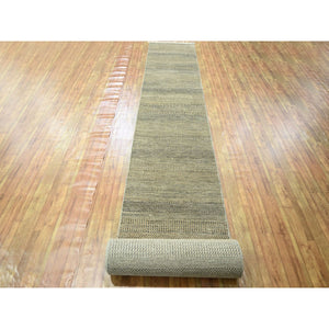 2'7"x20'4" Khaki Brown, Modern Grass Design, Hand Knotted, Borderless, Denser Weave, Tone on Tone, Wool and Silk, Lush and Plush, XL Runner, Oriental Rug FWR458094