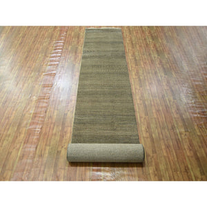 3'x21'10" Dark Vanilla Brown, Modern Grass Design, Wool and Silk, Hand Knotted, Borderless, Denser Weave, Tone on Tone, Lush and Plush, XL Runner, Oriental Rug FWR458100