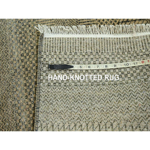 3'x21'10" Ecru Brown, Modern Grass Design, Hand Knotted, Borderless, Denser Weave, Tone on Tone, Wool and Silk, Lush and Plush, XL Runner, Oriental Rug FWR458106