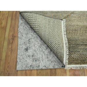 3'x21'10" Ecru Brown, Modern Grass Design, Hand Knotted, Borderless, Denser Weave, Tone on Tone, Wool and Silk, Lush and Plush, XL Runner, Oriental Rug FWR458106