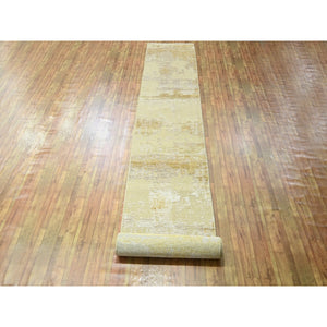 2'6"x19' Parchment White & Brown, Modern Abstract Design with Natural Colors, Wool and Silk, Hand Knotted, XL Runner, Oriental Rug FWR458112