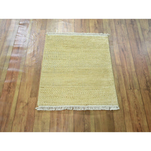 2'x2' Ecru Brown, Modern Grass Design, Wool and Silk, Hand Knotted, Denser Weave, Tone on Tone, Lush and Plush, Sample, Mat, Square, Oriental Rug FWR458118