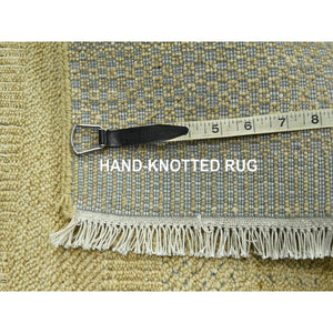 2'x2' Ecru Brown, Modern Grass Design, Wool and Silk, Hand Knotted, Denser Weave, Tone on Tone, Lush and Plush, Sample, Mat, Square, Oriental Rug FWR458118