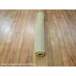 2'x2' Ecru Brown, Modern Grass Design, Wool and Silk, Hand Knotted, Denser Weave, Tone on Tone, Lush and Plush, Sample, Mat, Square, Oriental Rug FWR458118
