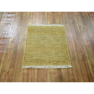 2'x2' Honey Brown, Modern Grass Design, Wool and Silk, Hand Knotted, Denser Weave, Tone on Tone, Lush and Plush, Sample, Mat, Square, Oriental Rug FWR458124