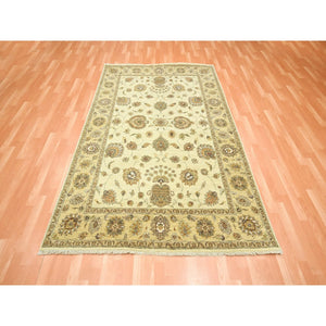 5'5"x8' Linen White, Agra with Ziegler Design, Colorful Leaf Pattern, Hand Knotted, Pure Wool, Zero Pile, Oriental Rug FWR458130