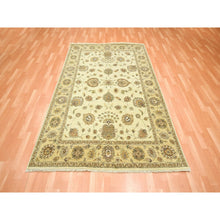 Load image into Gallery viewer, 5&#39;5&quot;x8&#39; Linen White, Agra With Ziegler Design, Colorful Leaf Pattern, Hand Knotted, Pure Wool, Zero Pile, Oriental Rug FWR458130