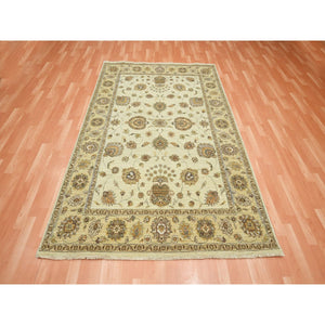 5'6"x8'1" Boulder Ivory, Agra with Ziegler Design, Colorful Leaf Pattern, Hand Knotted, 100% Wool, Zero Pile, Oriental Rug FWR458136
