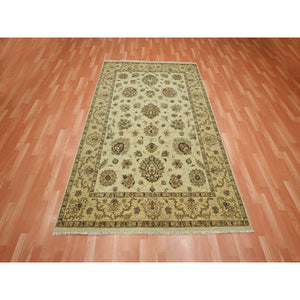5'6"x8' Beige, Hand Knotted, Agra with Ziegler Design, Colorful Leaf Pattern, Pure Wool, Zero Pile, Oriental Rug FWR458142