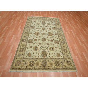 5'7"x8' Bone White, Agra with Ziegler Design, Colorful Leaf Pattern, Hand Knotted, Pure Wool, Zero Pile, Oriental Rug FWR458148