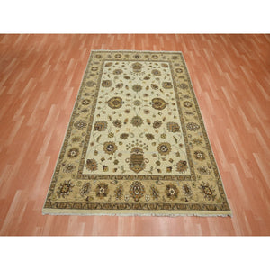 5'6"x8' Boulder Ivory, Agra with Ziegler Design, Colorful Leaf Pattern, Hand Knotted, Pure Wool, Zero Pile, Oriental Rug FWR458154