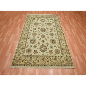 5'6"x8'1" Linen White, Pure Wool, Agra with Ziegler Design, Colorful Leaf Pattern, Zero Pile, Hand Knotted, Oriental Rug FWR458166