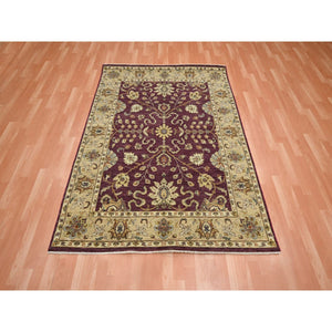 5'1"x6'5" Burgundy Red, Agra with Ziegler Design, Colorful Leaf Pattern, Hand Knotted, Pure Wool, Zero Pile, Oriental Rug FWR458184