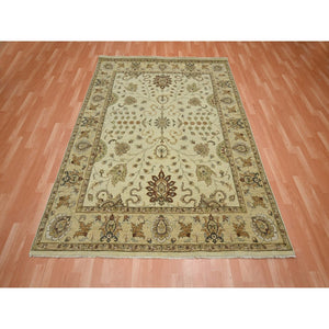 6'5"x8'1" Bone White, Hand Knotted, All Over Leaf Pattern, Agra with Ziegler Design, Zero Pile, Pure Wool, Oriental Rug FWR458202