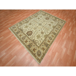 6'5"x8'1" Bone White, Hand Knotted, All Over Leaf Pattern, Agra with Ziegler Design, Zero Pile, Pure Wool, Oriental Rug FWR458202
