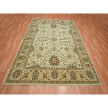Load image into Gallery viewer, 7&#39;3&quot;x9&#39;3&quot; Linen White, Hand Knotted, Agra with Ziegler Design, All Over Leaf Pattern, 100% Wool, Zero Pile, Oriental Rug FWR458208