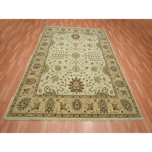 7'3"x9'3" Linen White, Hand Knotted, Agra with Ziegler Design, All Over Leaf Pattern, 100% Wool, Zero Pile, Oriental Rug FWR458208
