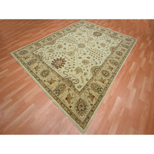 7'3"x9'3" Linen White, Hand Knotted, Agra with Ziegler Design, All Over Leaf Pattern, 100% Wool, Zero Pile, Oriental Rug FWR458208