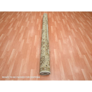 7'3"x9'3" Linen White, Hand Knotted, Agra with Ziegler Design, All Over Leaf Pattern, 100% Wool, Zero Pile, Oriental Rug FWR458208